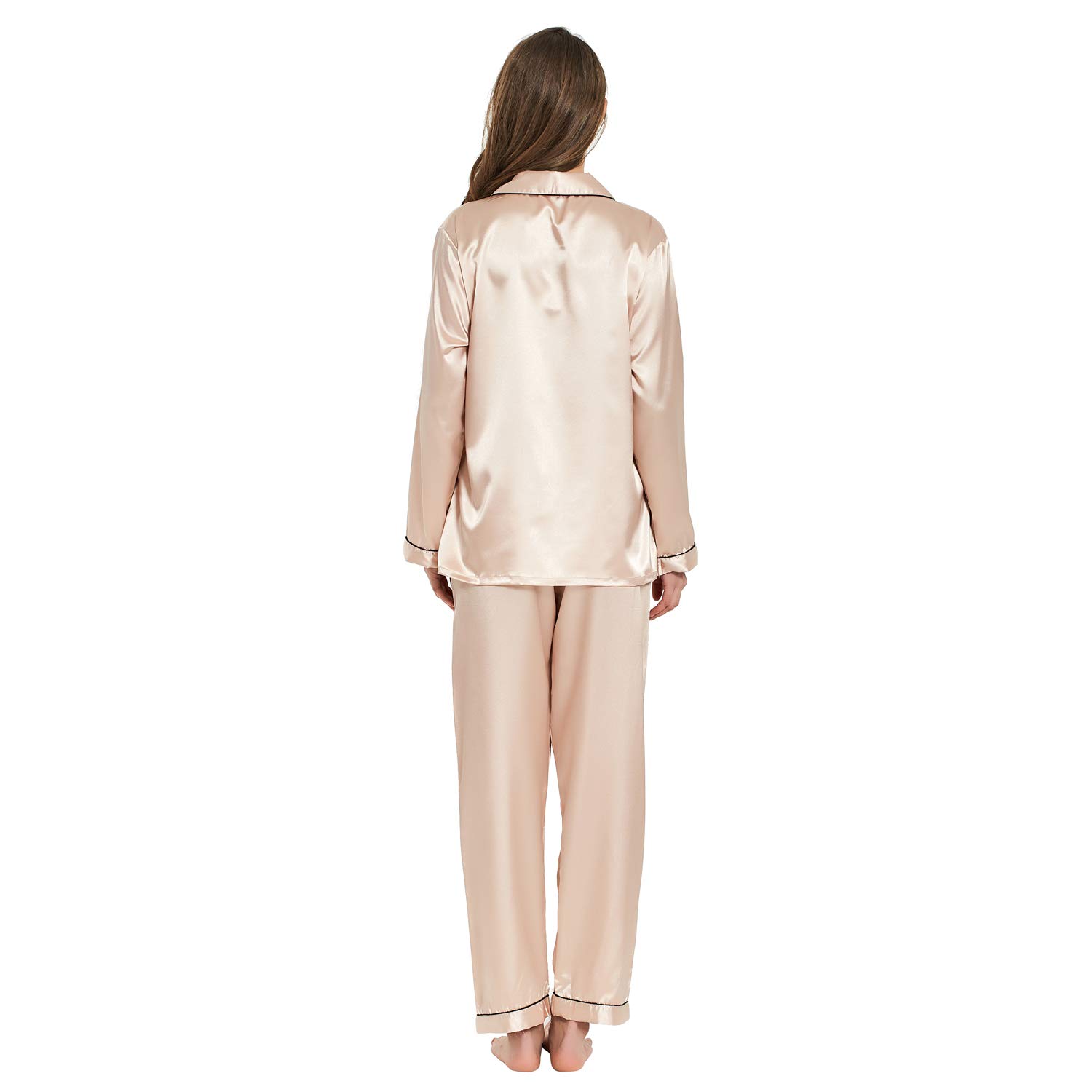 Set pigiama da donna, in simil seta/raso, a maniche corte o lunghe, con bottoni, a tinta unita, adatto per tutto l’anno