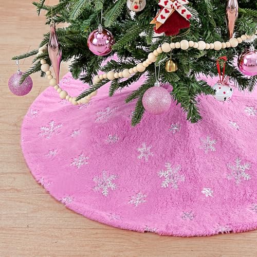 Small Christmas Tree Skirt 24 Inches - Pink Faux Fur Mini Tree Skirt 4ft Sliver Sequin Snowflakes Soft Plush Skirts