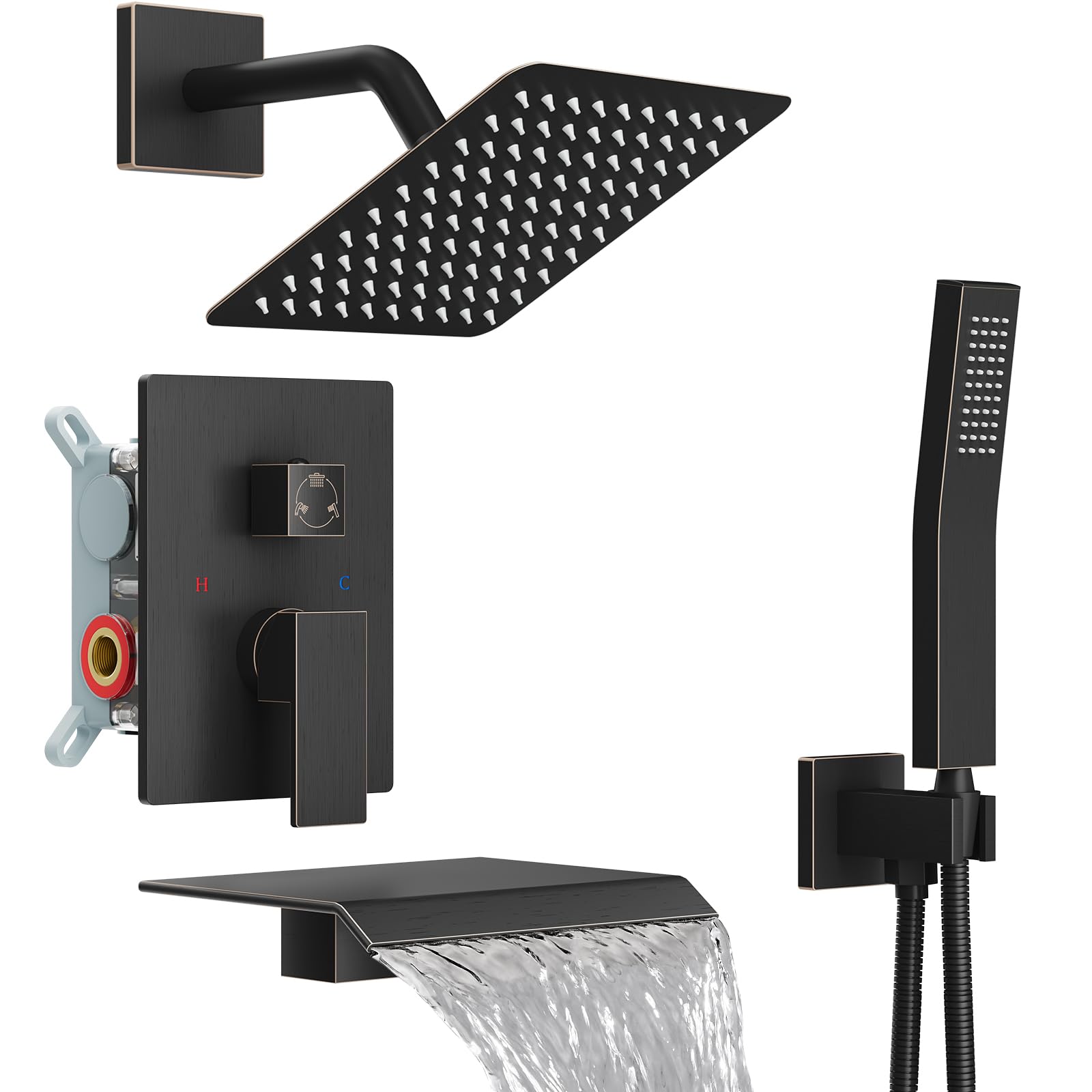 Sistema de ducha con caño para bañera, juego de grifería para bañera y ducha con cabezal de lluvia cuadrado y rociador de mano, juego de grifería de pared para bañera con válvula y kit de embellece