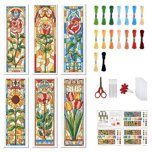 Image of FREEBLOSS 6 Set Cross Stitch Bookmark Kit Stamped Cross Stitch Kit Colored Glass Flowers Pattern Embroidery Set with Instruction for Adults 8''*2.4''