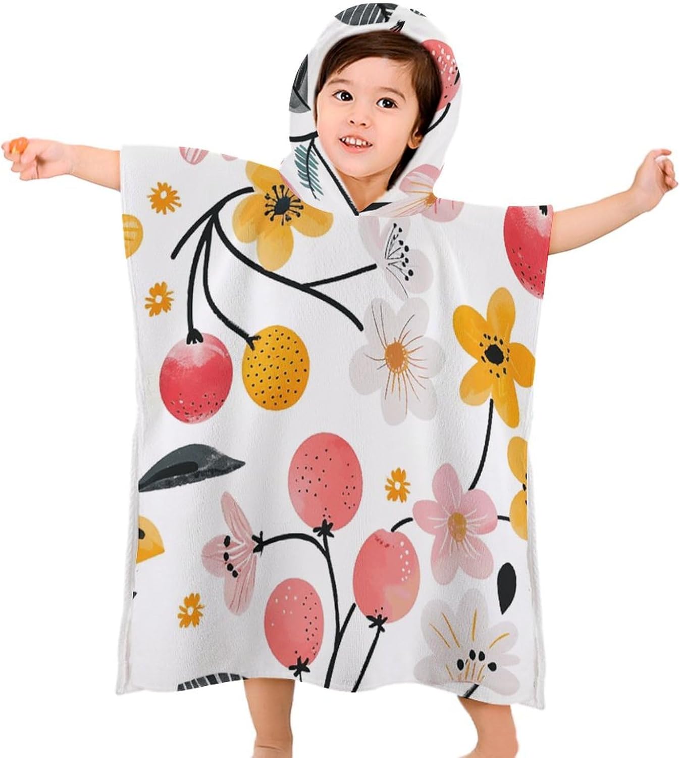 Kids Bath Towel Kids Hooded Beach Towel Kids Pool Towel Cherries and Flowers Printed Kids Beach Towel for Boys Girls Soft Absorbent Quick Dry Beach Swim Pool Towel