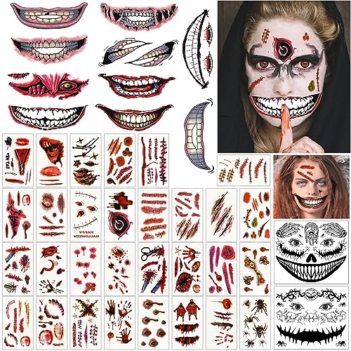 Halloween Tatuajes Temporales Tatuajes Falsos, Temporary Tattoo Halloween, Pegatinas de Tatuajes Halloween Cicatrices Tatuajes Falso Scab Sangre, para Fiesta de Halloween Disfraz Maquillaje Cosplay