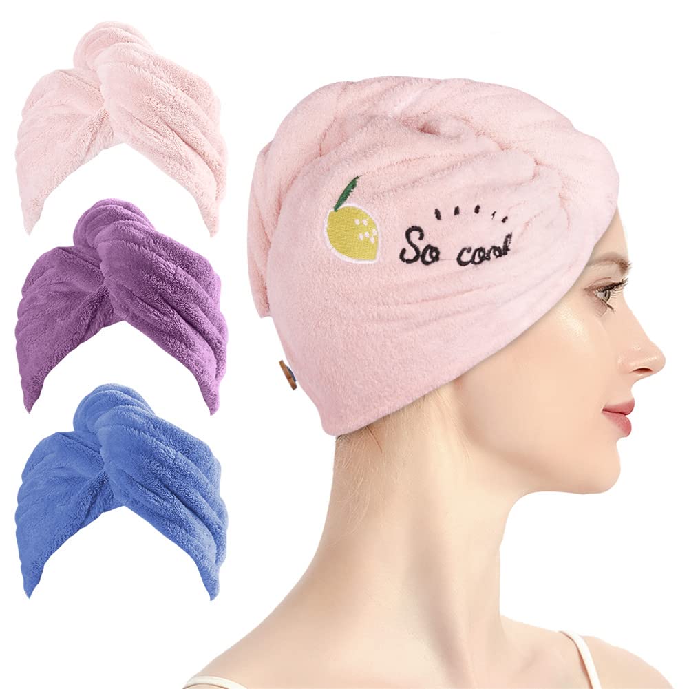 URAQT Asciugamano Microfibra Capelli, 3 Pezzi Asciugamano Capelli Turbante con Bottone, Morbido Assorbente e Asciugatura Rapida, Turbante Super Assorbente per Capelli Corti e Lunghi(Ricamato)