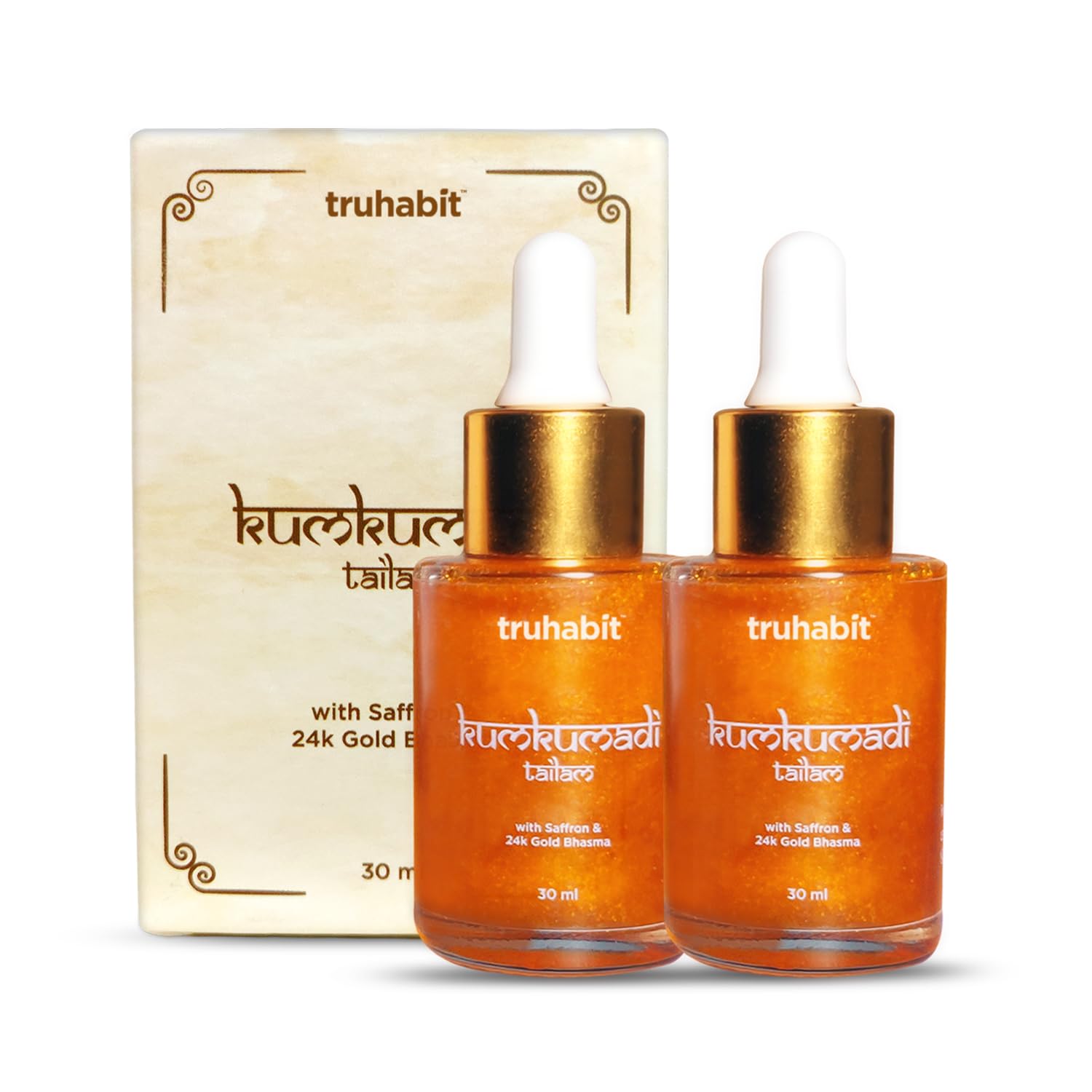 TruHabit Kumkumadi Tailam Face Oil Pack of 2 | Ayurvedic Facial Oil with Saffron & 24K Gold Bhasma | Brightening & Nourishing Blend for Radiant Skin | 30ml × 2
