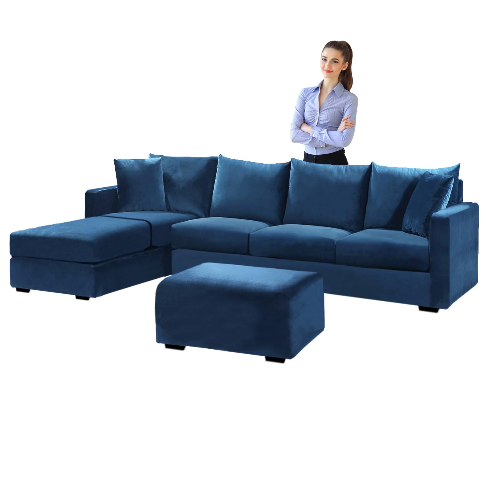 SYLC Velvet Sofa Covers L Shape, Stretch Corner Sofa Cover with Cushion Covers, Couch Cover Friheten Cover for U Sectional Sofa (Blue,Stool Rectangula) — image 1
