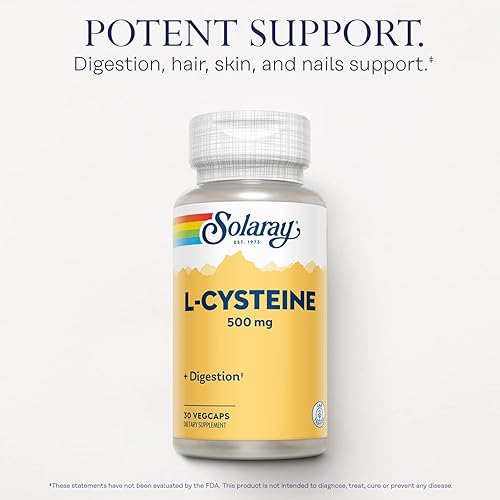 Miniatura 3 de SOLARAY L-cisteína 500 mg, suplemento de apoyo para la digestión, cabello, piel y uñas, antioxidante maestro, verificado en laboratorio, garantía de