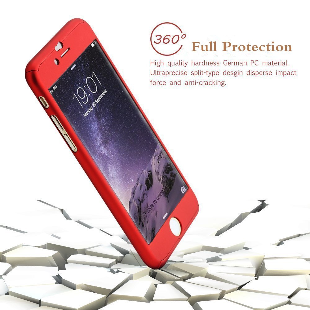 iPhone 6S Case, Eouine Ultra Thin 360 All Round Degrees Full Body Coverage Protection Hard Slim for iphone 6 Case with Tempered Glass Screen Protector for Apple iPhone 6 4.7", Red