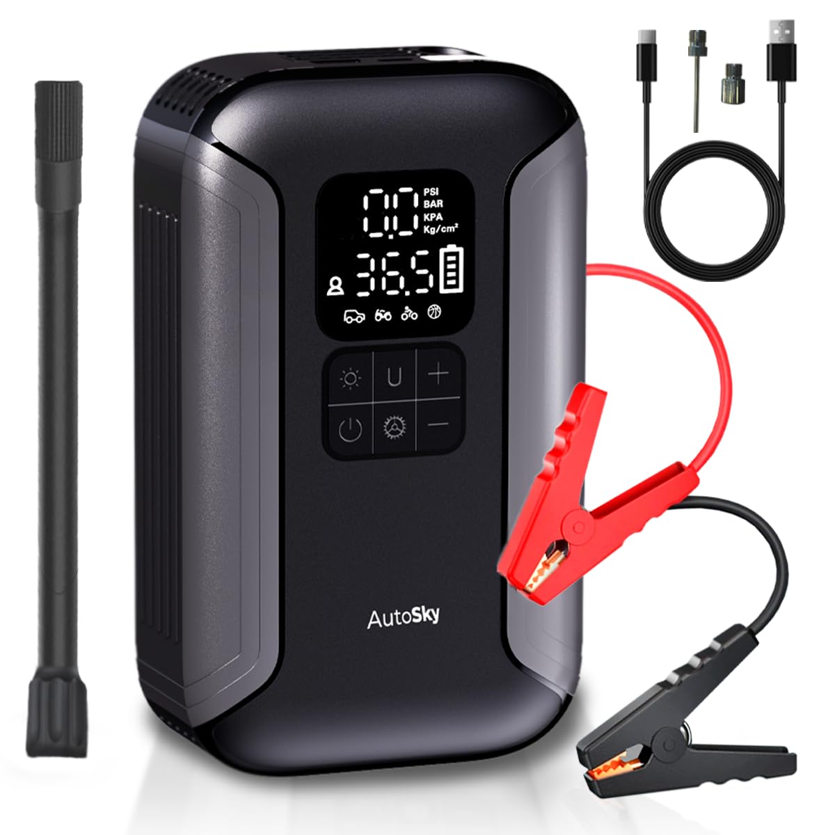 AUTOSKY 2-in-1 Jump Starter with Air Compressor – Starts Up to 6.0L Gas and 3.0L Diesel Engines – Portable Tire Inflator, LED Flashlight & Power Bank