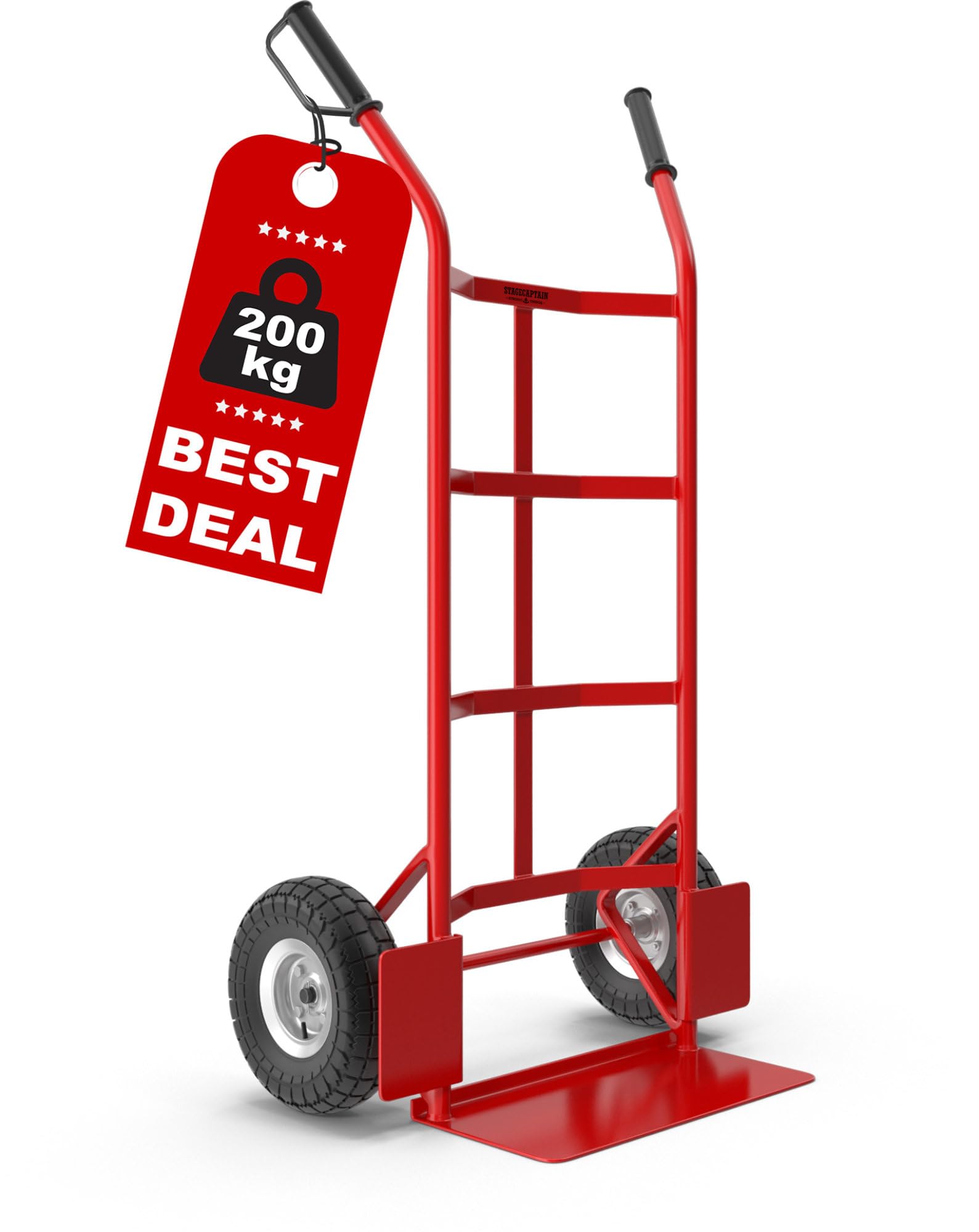 Stagecaptain Carryboy Sackkarre - 200 kg belastbar - Transportkarre für Umzug oder Getränkekisten - Robuster Stahlrahmen und Luftreifen mit 27 cm Ø - Handwagen mit Sicherheits-Haltegriffen - Rot