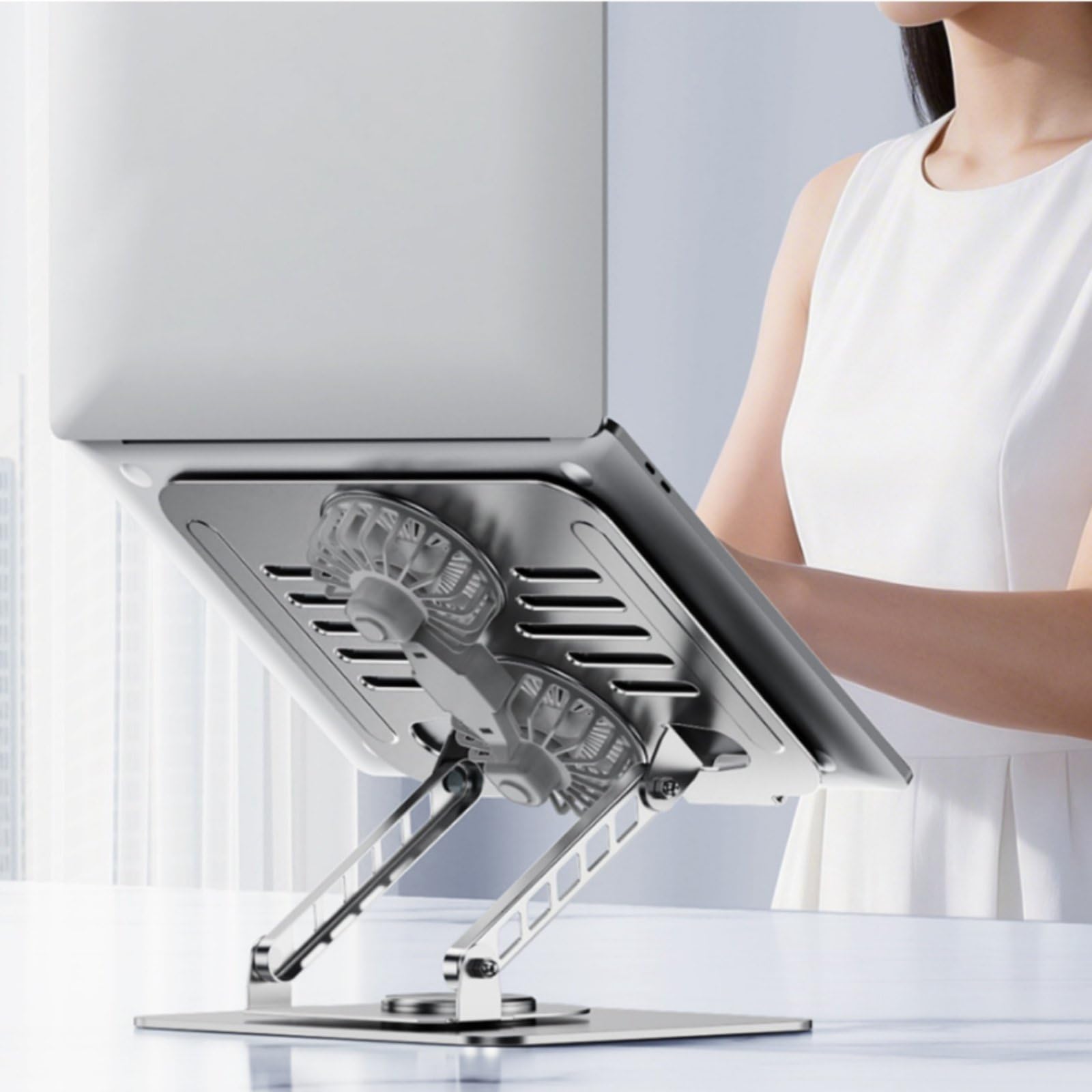 Supporto Laptop Supporto PC Metallo con Ventilazione Rotazione 360 Gradi Doppio Braccio per Stabilità Adatto a Studio, Argento, Argento, 17 Pollici