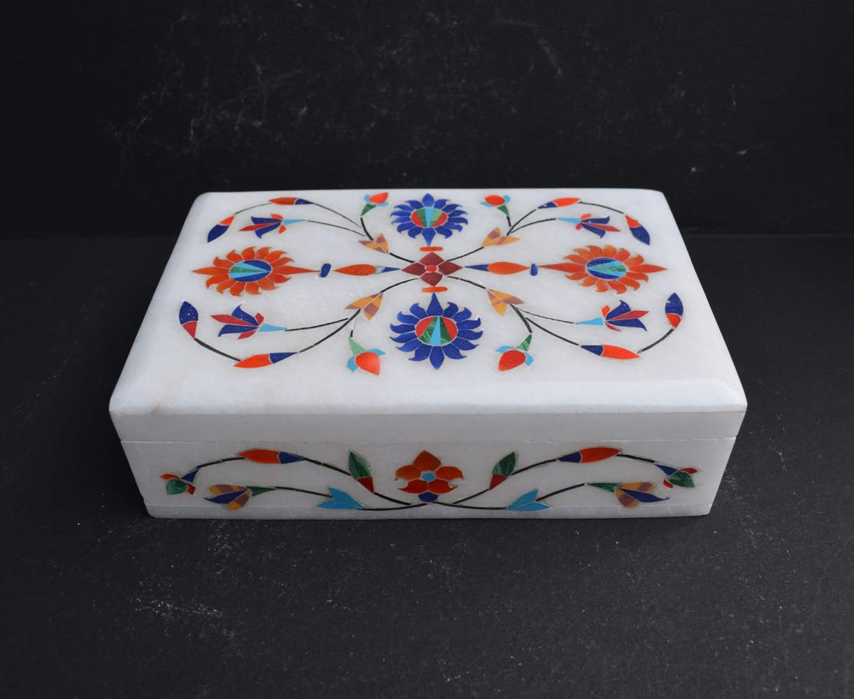 Pietra Dura Box – Medaillons Torbogen Blumenstrauß Marmor Blumen Schmuckschatulle Edelsteineinlage dekorative Marmorboxen – Aufbewahrung
