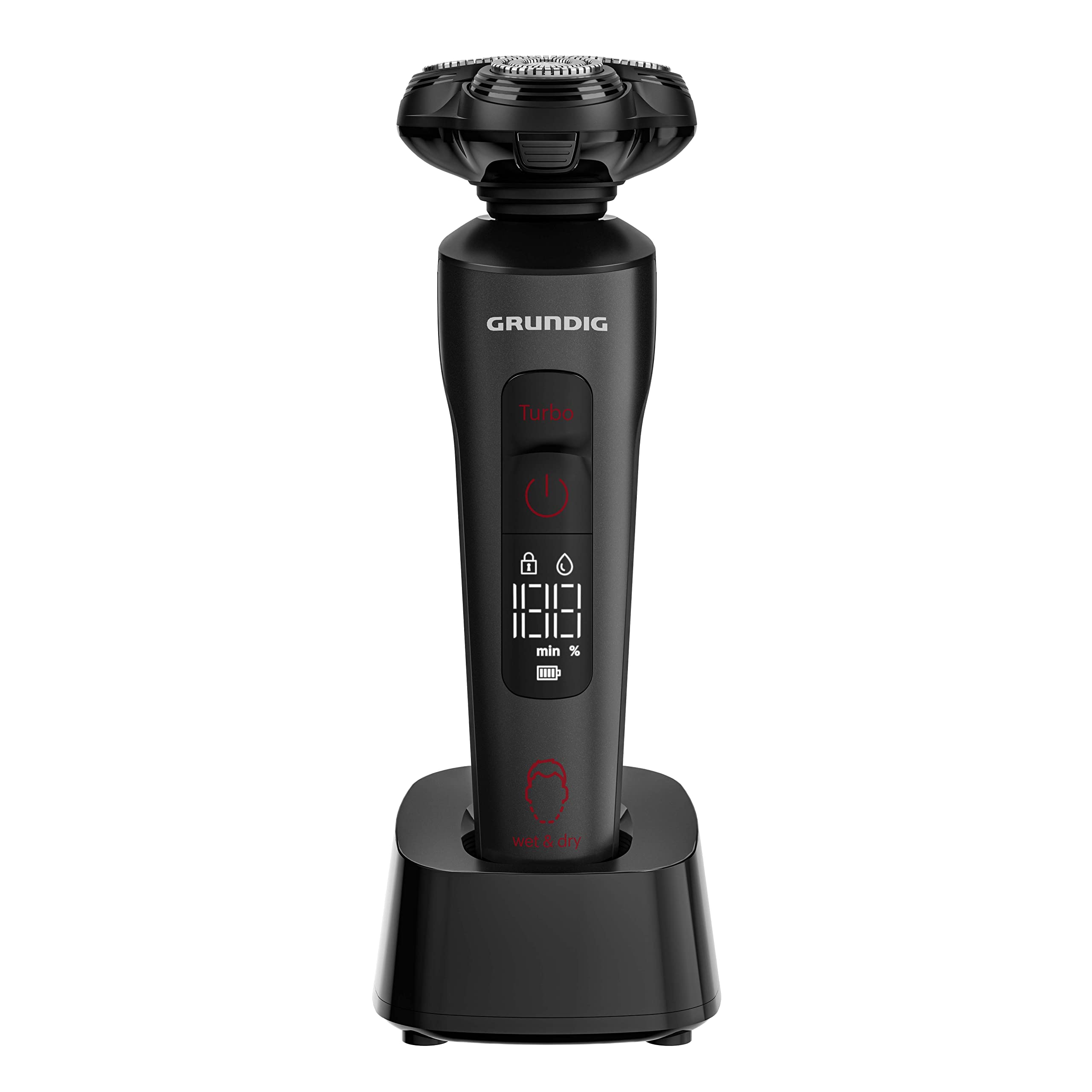Grundig ProClub MS 9130 Herrenrasierer, BeardCare Sensor, Kunststoff des äußeren Gehäuses aus 61% recyceltem Kunststoff, Titanium Blades, Wet & Dry, Langhaarschneider, Mattschwarz/Rot