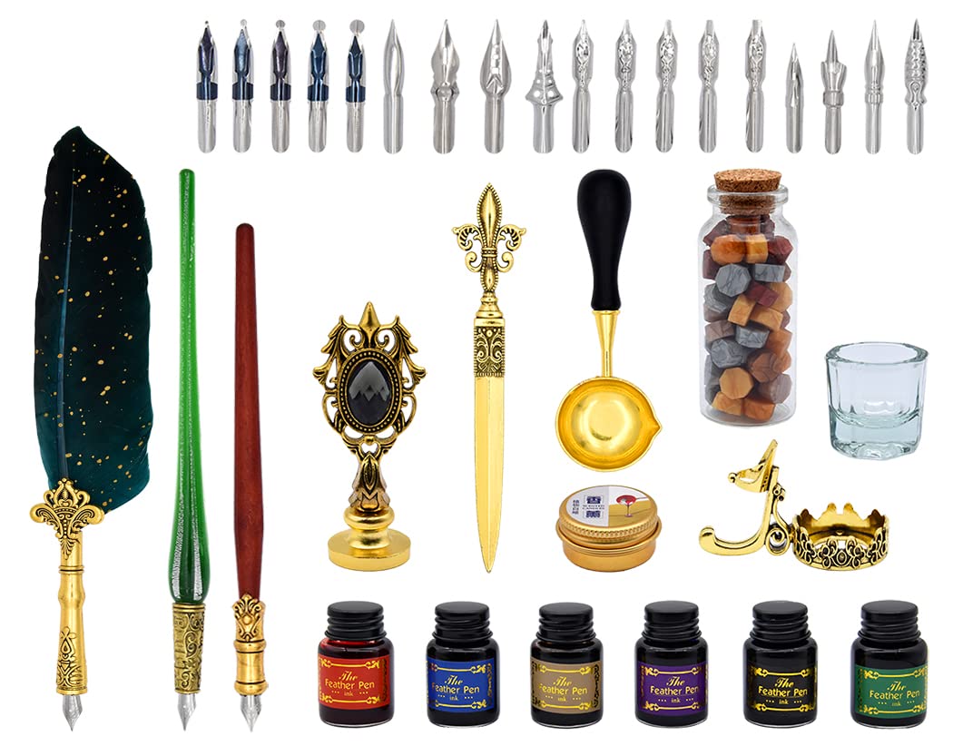 XIAOYU Set di penne per calligrafia antiche e penne a penna per principianti, penna per calligrafia, in legno, per scrittura, disegno, firma, matrimonio, compleanno, verde