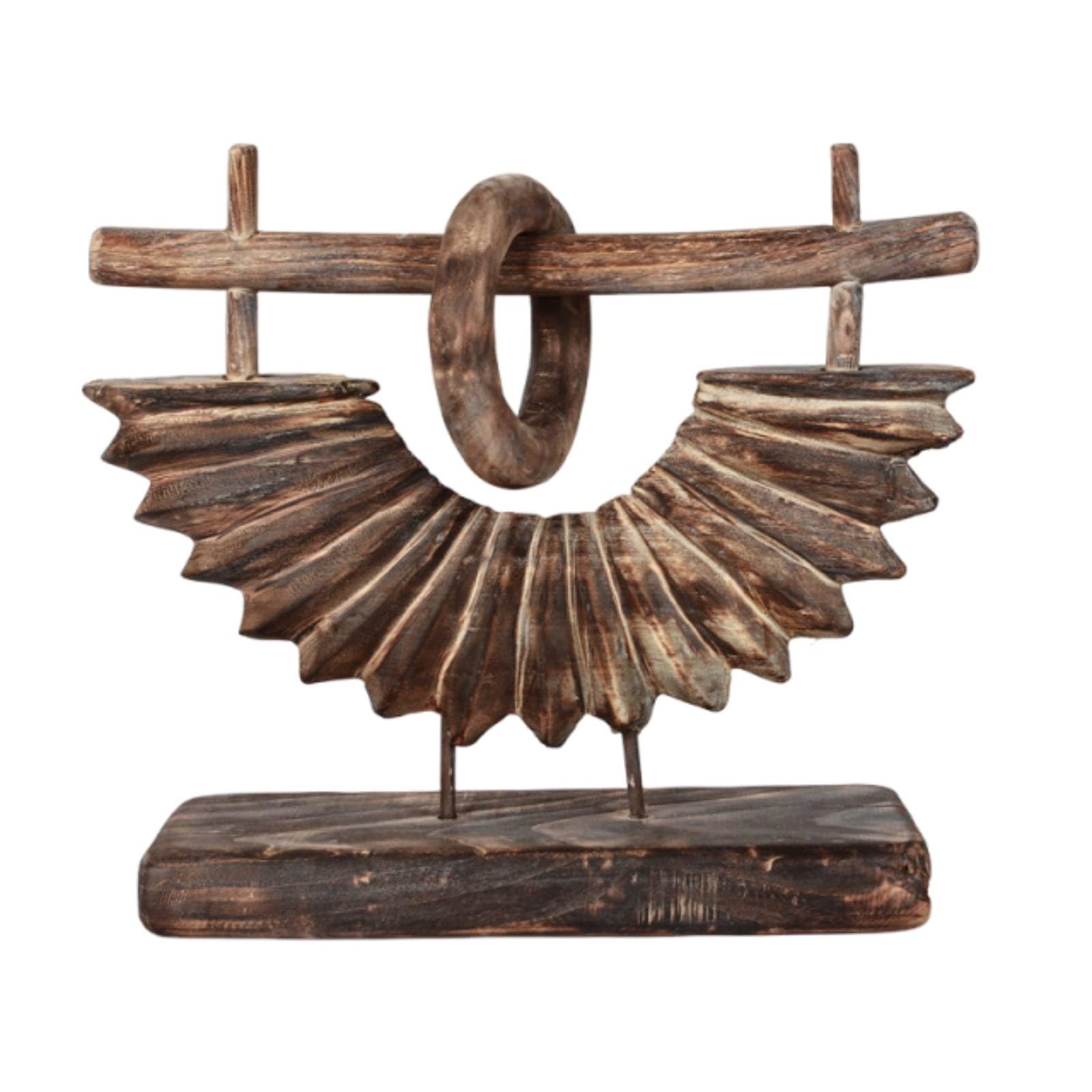 Baoblaze Scultura da Tavolo in Legno Massello Decorazione da Credenza Soprammobile Rustico Ornamento da Ripiano con Due Supporti Verticali E Cerchio Centrale Adatta per