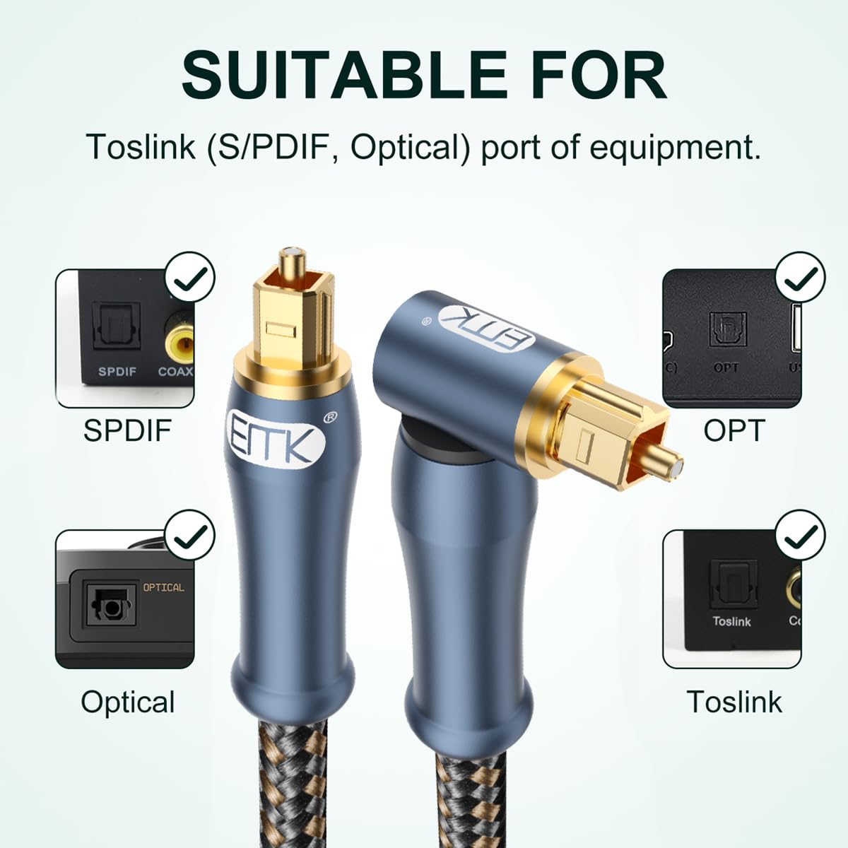 EMK Cable audio óptico rectangular Cable Toslink (conector oro 24K, fibra óptica 90 grados, SPDIF a TOSLINK, rotación 360 grados) Cables ópticos digital para Altavoces, Barra de sonido, TV (4 metros)