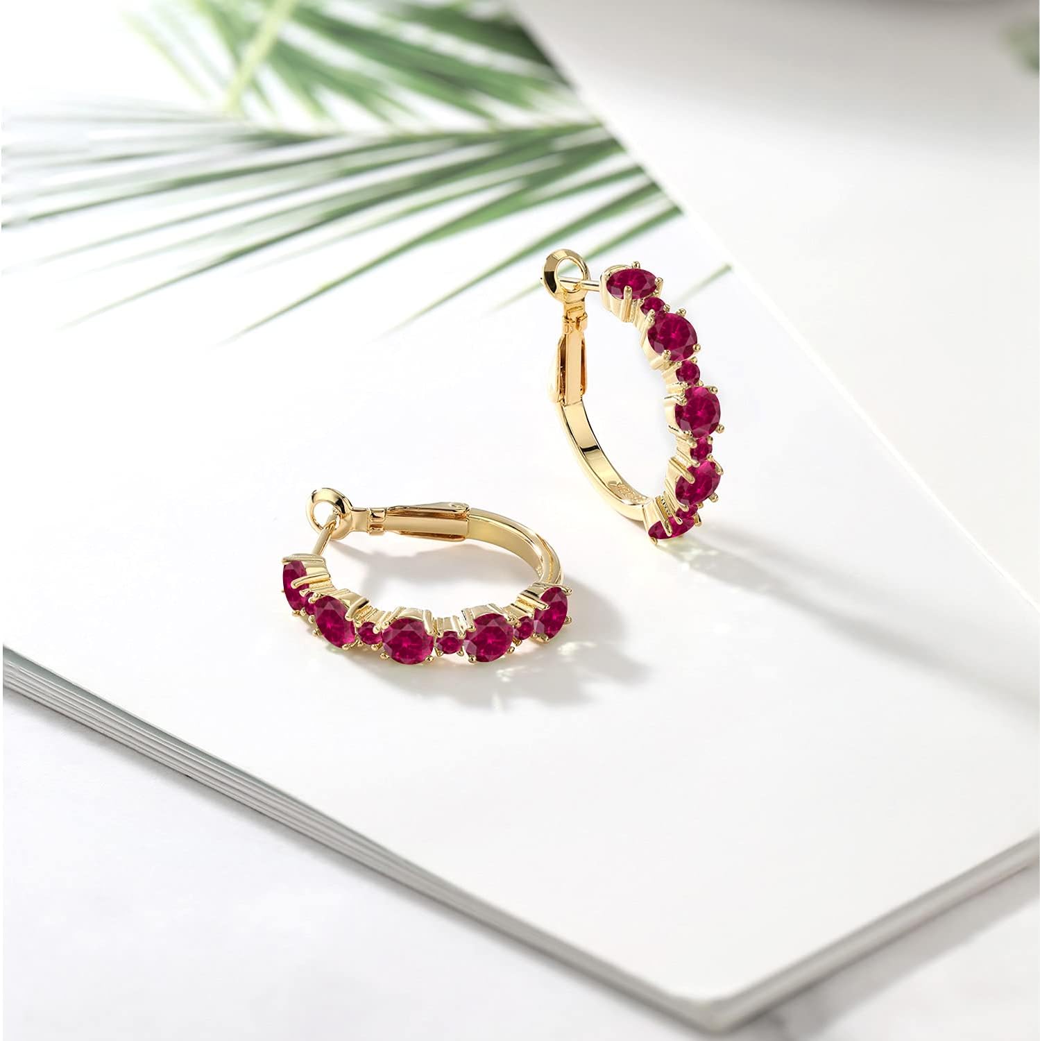 Gem Stone King Gemstone Birthstone Hoop Earrings for Women | 18K Yellow Gold Plated Silver | Alternating Round 4MM and 1.9MM Stones | Graduated Design | Fine Jewelry Earrings | 1 Inch Diameter Hoops