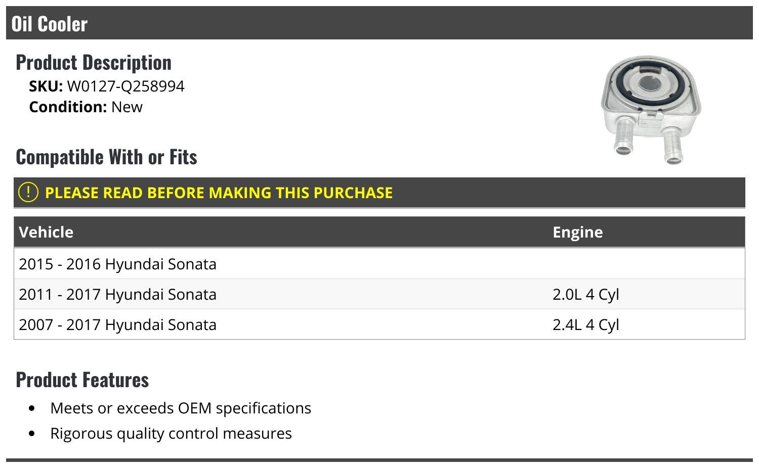 Marketplace Auto Parts Oil Cooler - Compatible with 2007-2017 Hyundai Sonata
