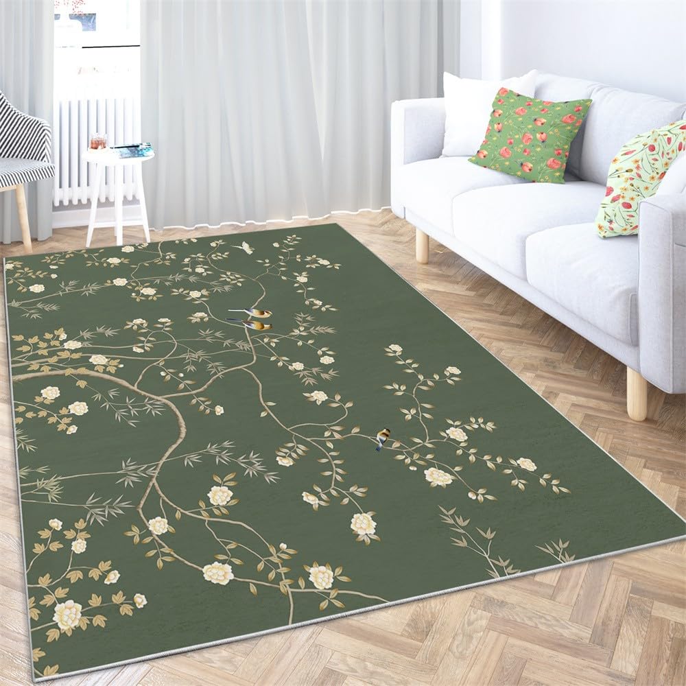 Area Rugs Tappeto soffice per camera da letto, morbido, in stile cinese, motivo floreale con viti e uccelli, tappeto antiscivolo, per soggiorno, balcone, decorazione per la casa, 140 x 200 cm