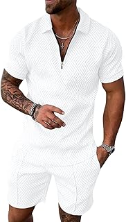 Mens 2 Piece Zip Tracksuit Short Sleeve Print Polo Shirt and Shorts Sets Summer Outfits for Men