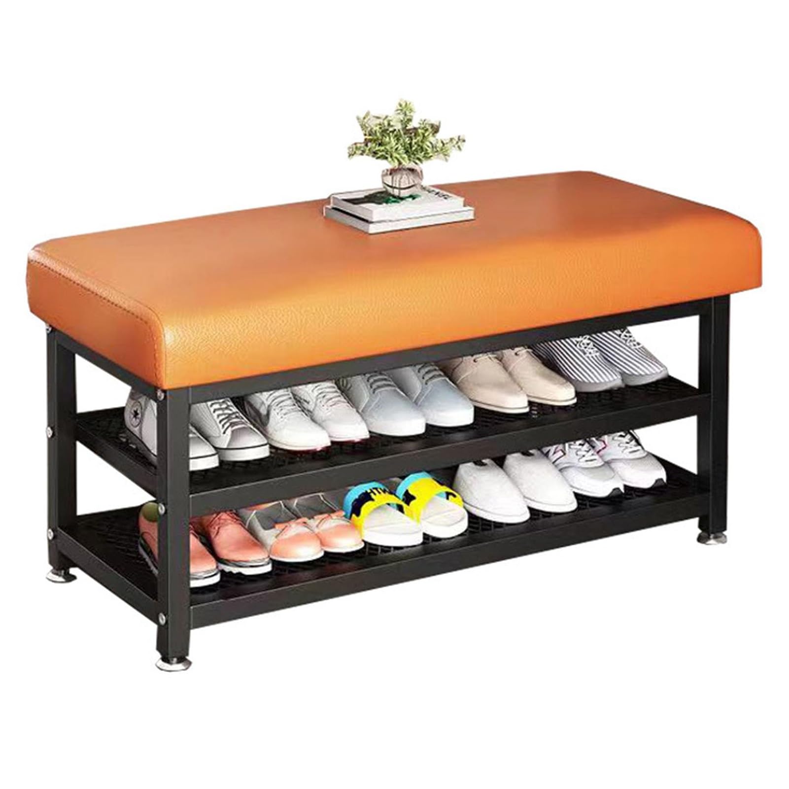 LWJSOCP Shoe Bench with Padded Seat 2 Tier Metal Shoe Rack for Entryway Hallway Mudroom Bedroom Stylish Orange 60cm (23.6in) Storage Solution