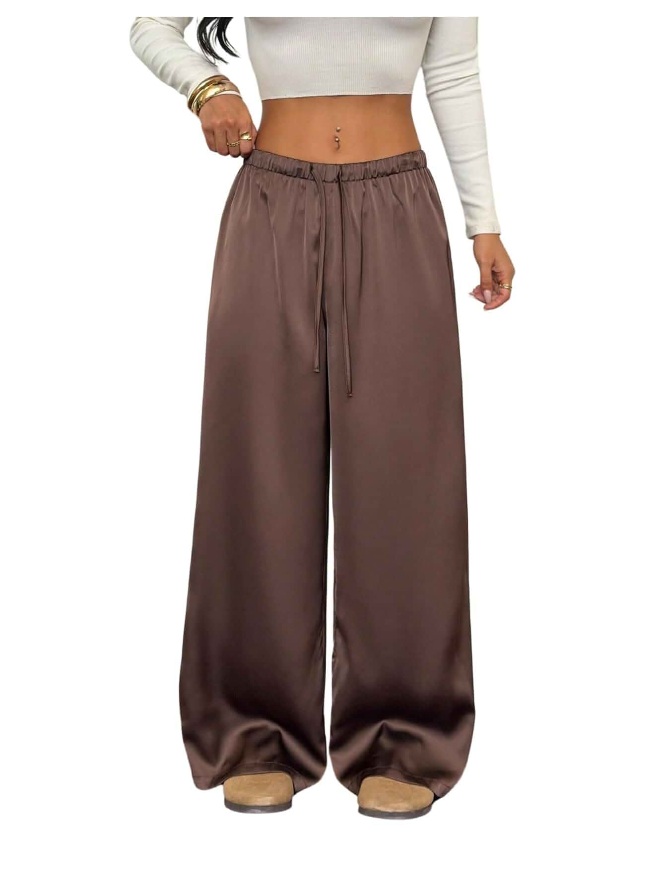 MakeMeChic Women's Satin Wide Leg Pants Silk Low Rise Trousers | Drawstring, Palazzo Pants, Going Out Pants, Lounge Pants