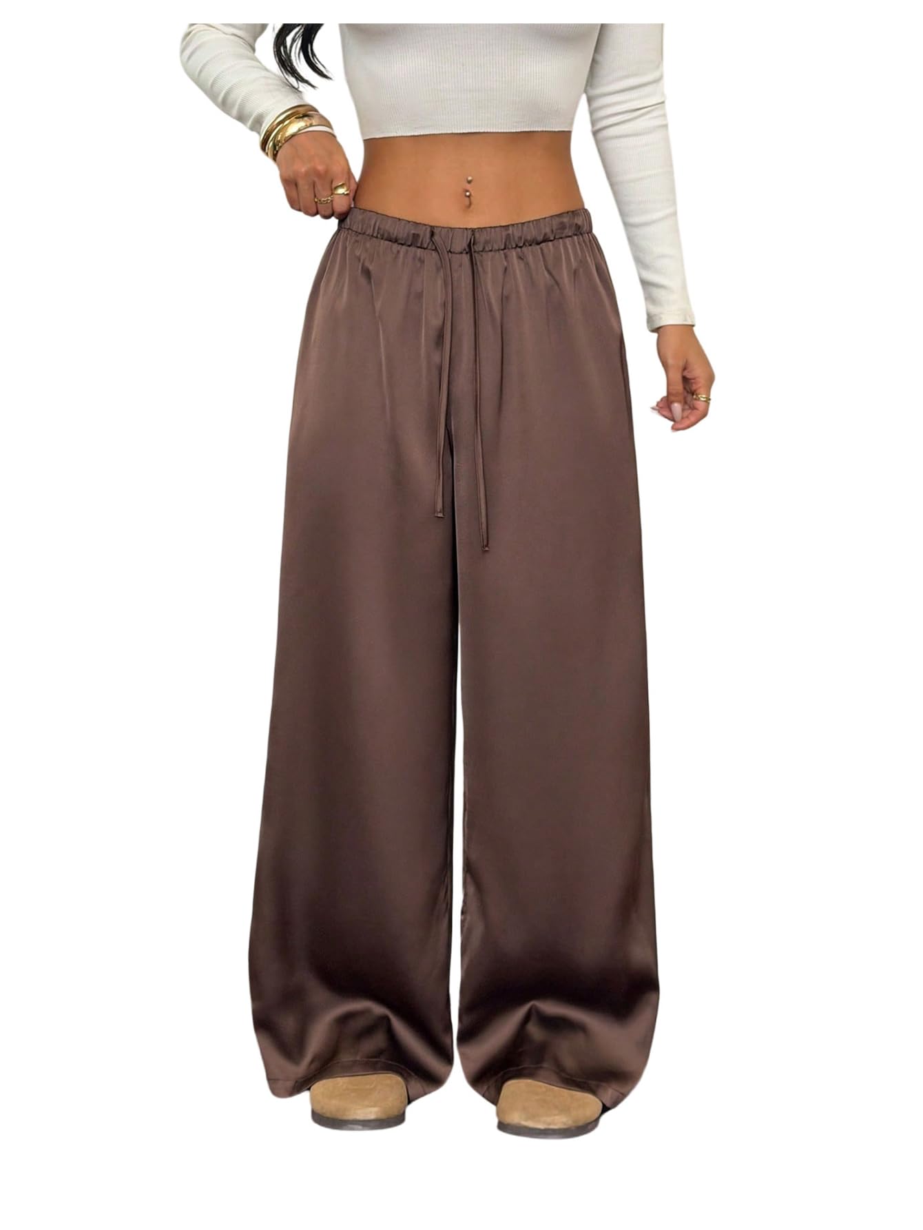 MakeMeChic Womens Satin Wide Leg Pants Drawstring Low Waist Baggy Going Out Trousers
