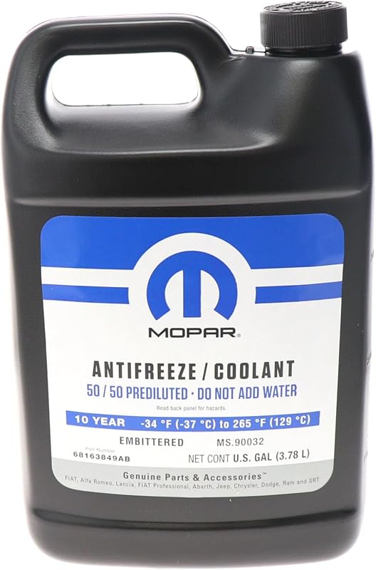 Mopar 68163849AB 10 Year/150,000 Mile Coolant 50/50 Premixed - Embittered, 1 Gallon | Genuine 10 Year / 150,000 Mile Blend, OAT 50/50 Premixed, -34F to 265F, OEM Radiator Fluid for Jeep, Chrysler, Dodge, Ram