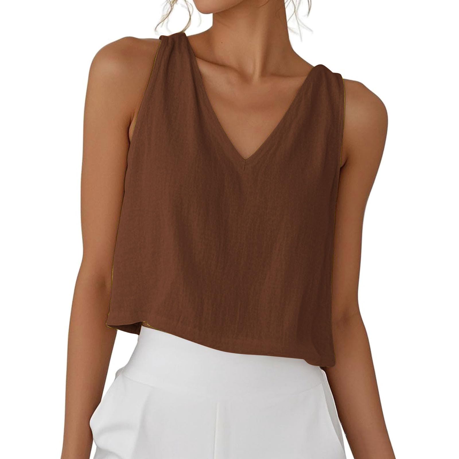 RLEHJN Tank Top Damen,Sommer Leinen V-Ausschnitt Tops Kurze Elegante Oberteile Ärmellose Shirts Baumwolle Einfarbige T-Shirts Basic Blusentop Musselin Tanktops Trägertop Trägershirt