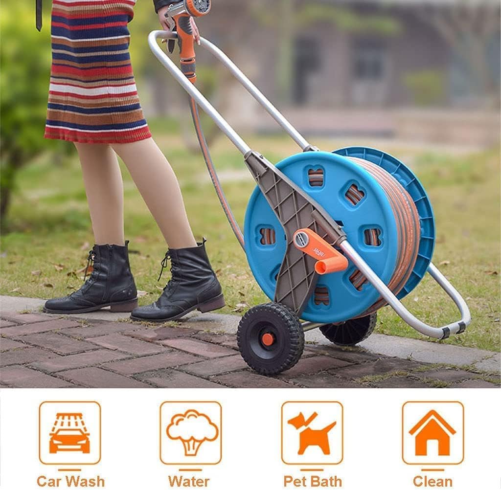 Enrollador de Manguera Carro portamangueras, Carro portamangueras con Ruedas, Manguera con Boquilla Ajustable for Jardines, céspedes, aceras(50M Hose)