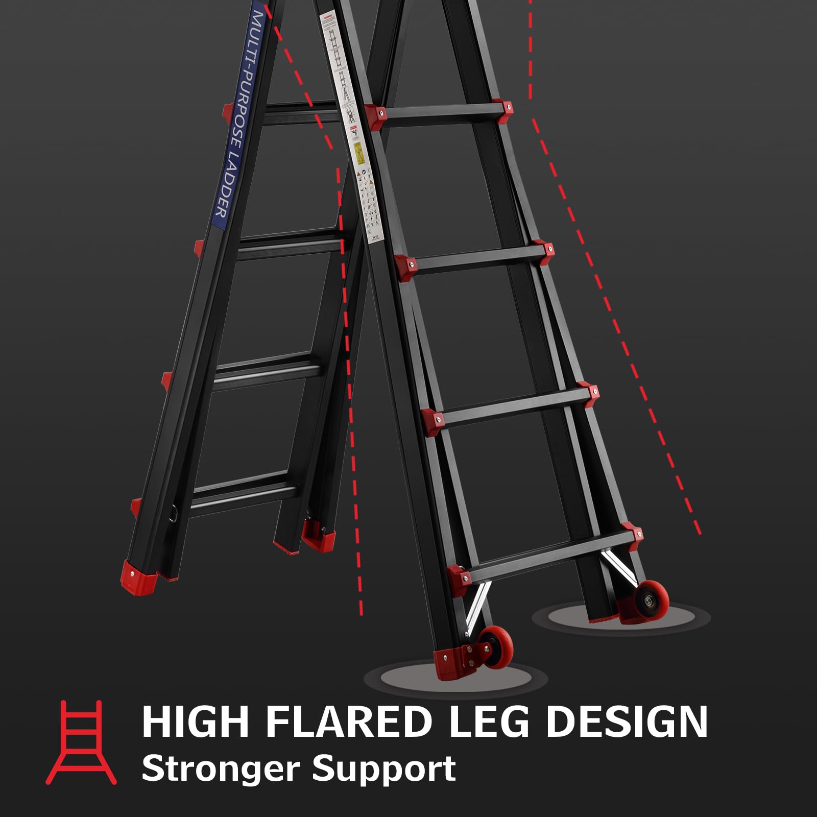 TEENO Scala Pieghevole Multifunzione 5,1 m, Scala telescopica con 2 Rimovibile Ruote e Base Rinforzata Triangolare, 5x5 Gradini, Carico 150KG, Nero