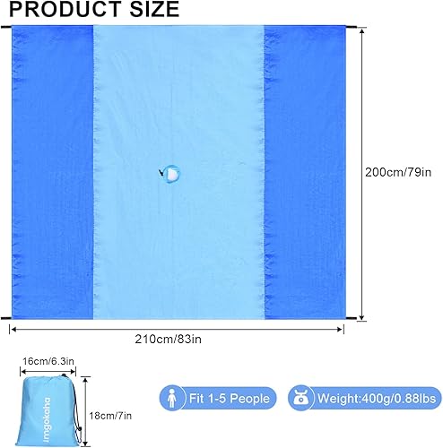 Miniatura 3 de Manta de playa con agujero para paraguas, manta de playa grande impermeable a prueba de arena, cómoda alfombrilla de playa de nailon ligera con 4
