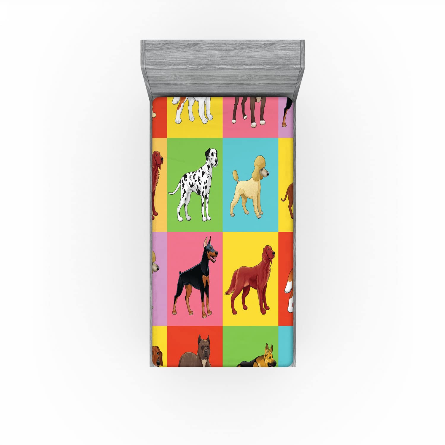 Ambesonne Dogs 2 Pack Fitted Sheet, Different Breeds Animal Lover, Bed Cover All-Round Elastic Deep Pockets 2 Pieces, Package Contains 2 Twin XL Size Fitted Sheets, Yellow Red