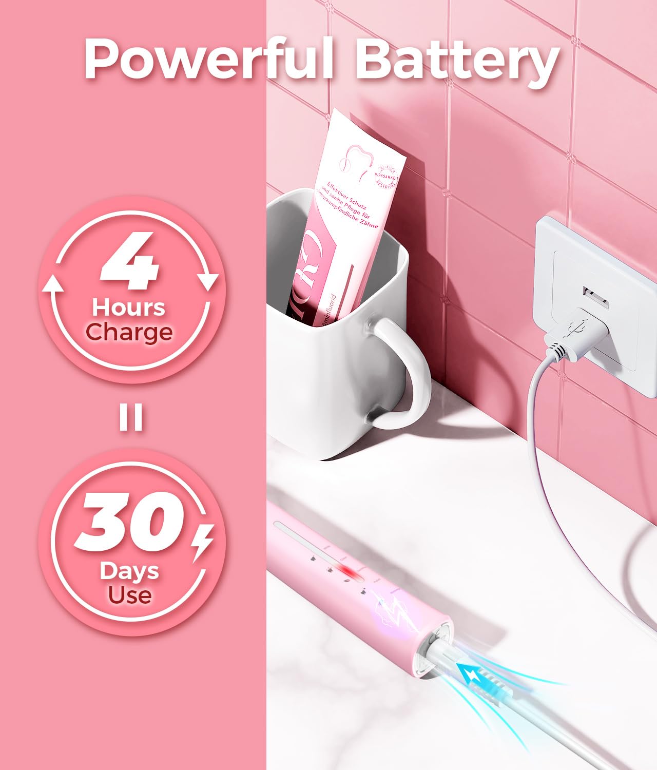 Demita Spazzolino elettrico sonico per adulti per la pulizia dei denti con 8 testine, 40000 VPM, 5 modalità, con ricarica rapida in 4 ore e una durata di 30 giorni rosa