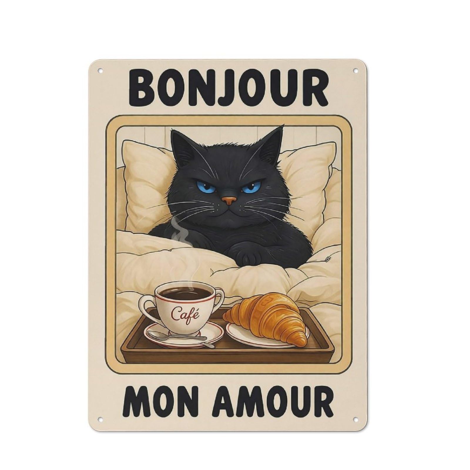 Junmoney Style-16 Cat Bonjour Mon Amour Printed Metal Sign 40X30cm For Man Cave Or Games Room, Suited To Games Room Collectors