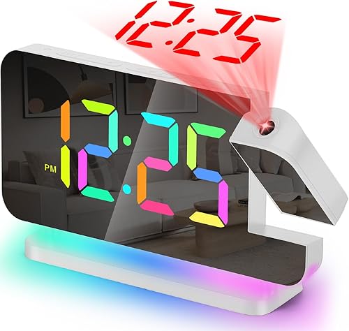 Reloj de proyección, reloj despertador digital con espejo LED de 7.4 pulgadas, con luz nocturna RGB, proyector giratorio de 180, puerto de cargador