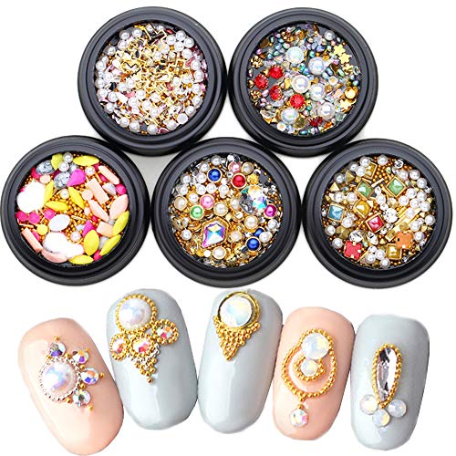 Nail Beads 5 Wheels Mixed Gold Studs Nail Art Rhinestones Diamonds Crystals Beads