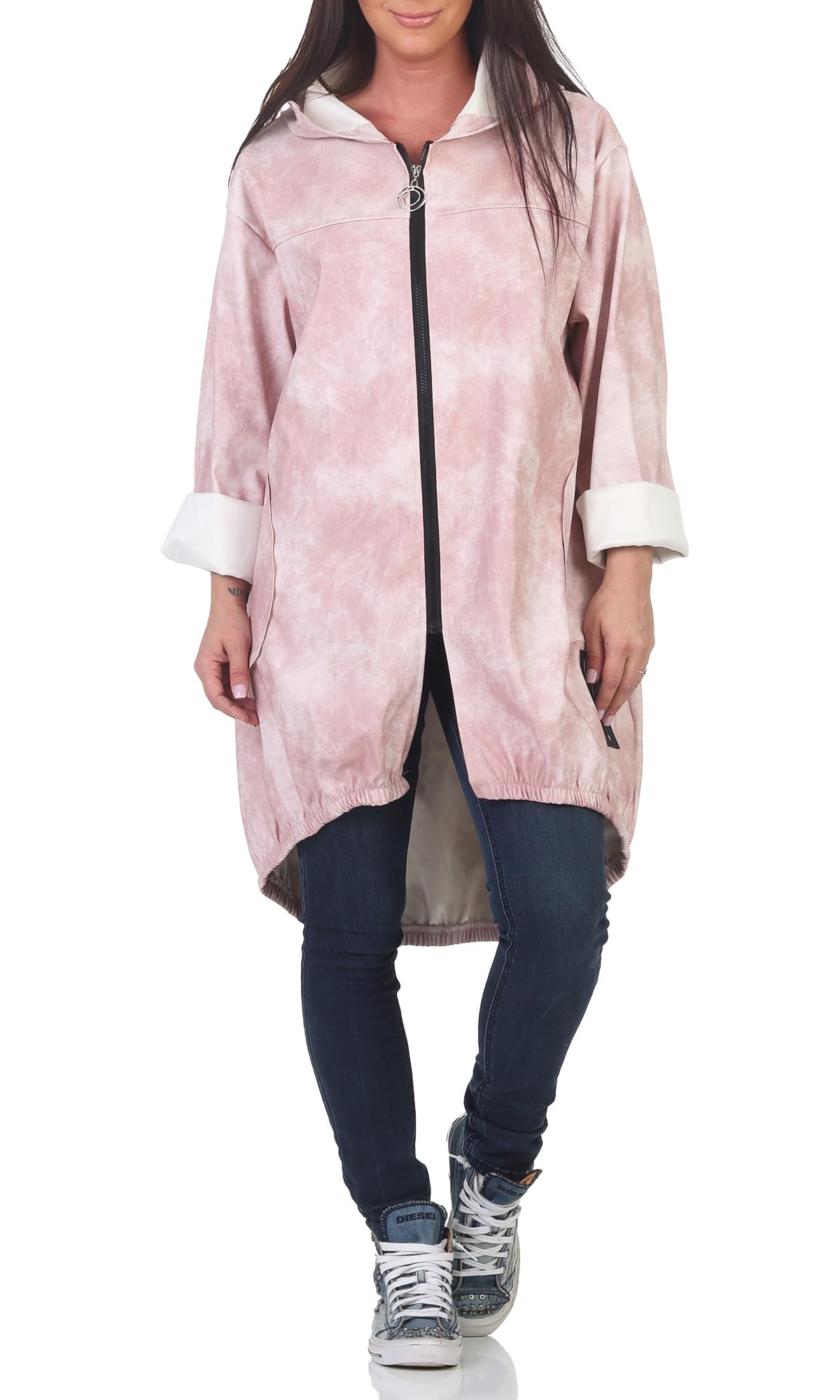 simaranda Damen Regenjacke Made in Italy Oversize Parka mit Kapuze Stylischer Vokuhila Mantel Wasserabweisende Übergangsjacke Einheitsgröße (Gr. 38-42)