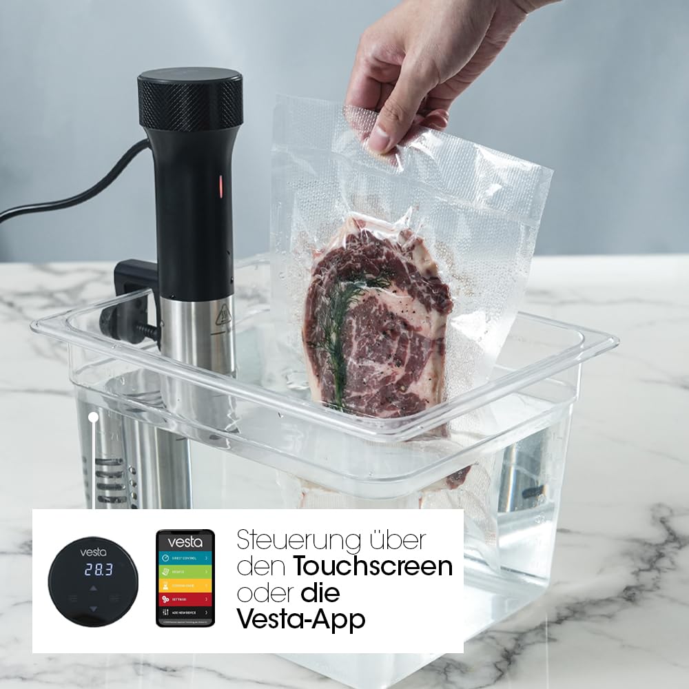 Vesta Precision Sous-Vide-Zirkulator SV80s für Niedertemperaturgaren im Haushalt mit hoher Leistung | 40 l Heizleistung, 1200 W, inkl. WLAN-App, schwarz