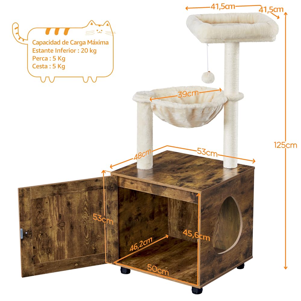 Yaheetech Árbol Rascador para Gatos con Mueble Casita de Arena 2 en 1 Altura 125 cm Marrón Rústico