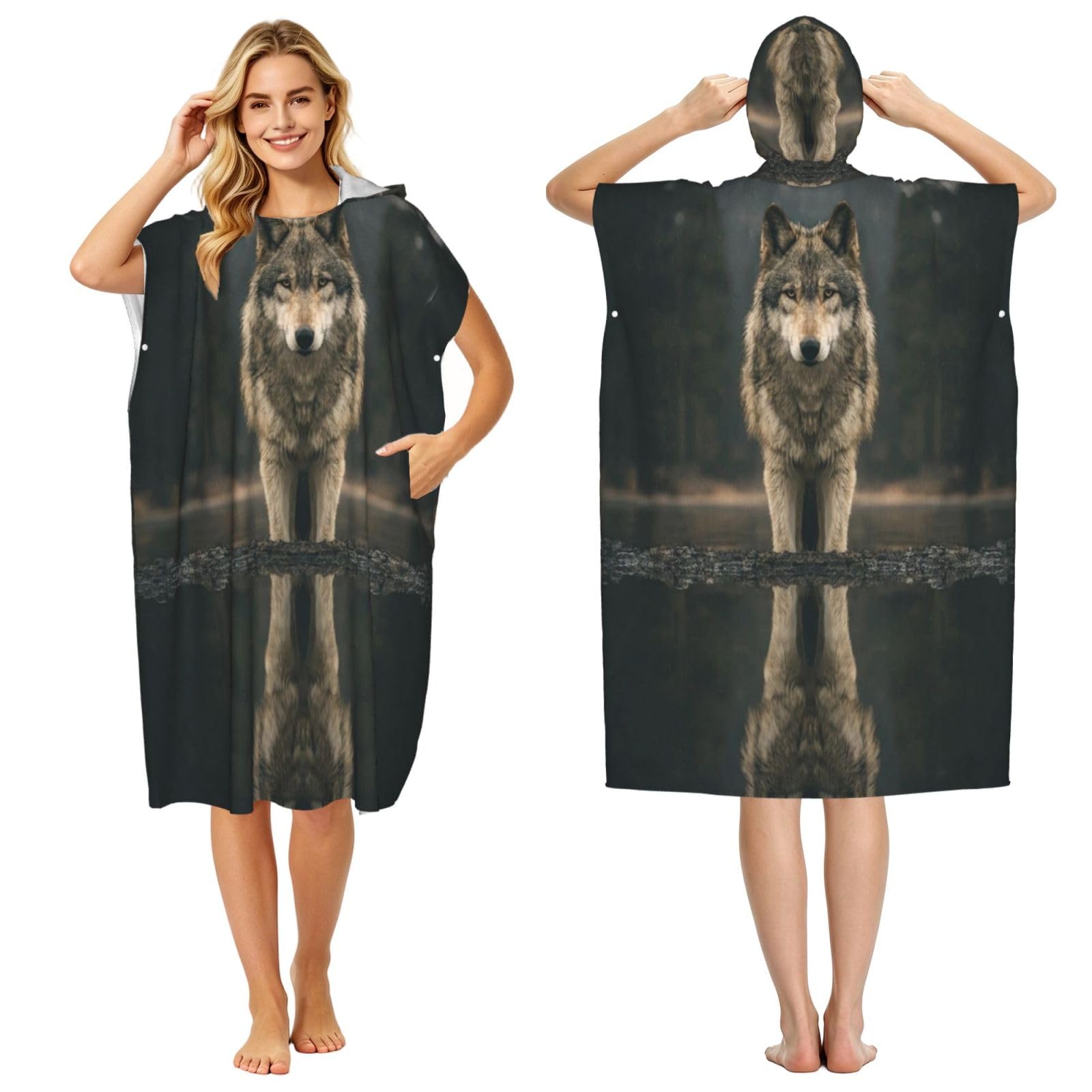 DTHKJNLSF Staring At The Hungry Wolf Adult Hooded Beach Poncho Towel