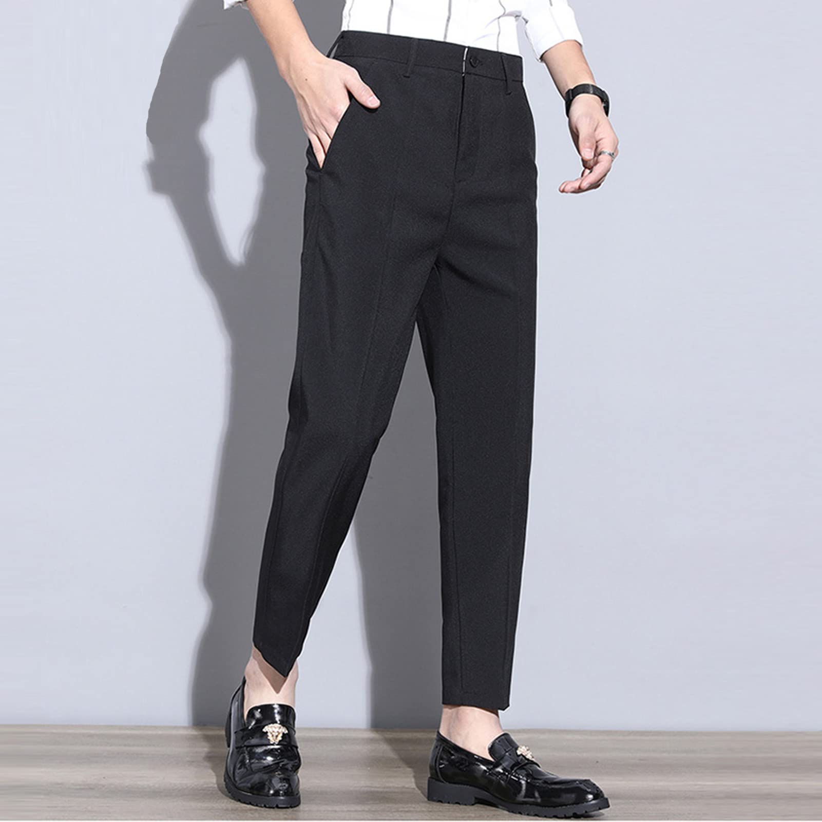 Men's Business Comfort Pant Casual Straight Fit Tapered Wedding Suit Pant Classic Lightweight Loose Fit Trousers (Black,36)