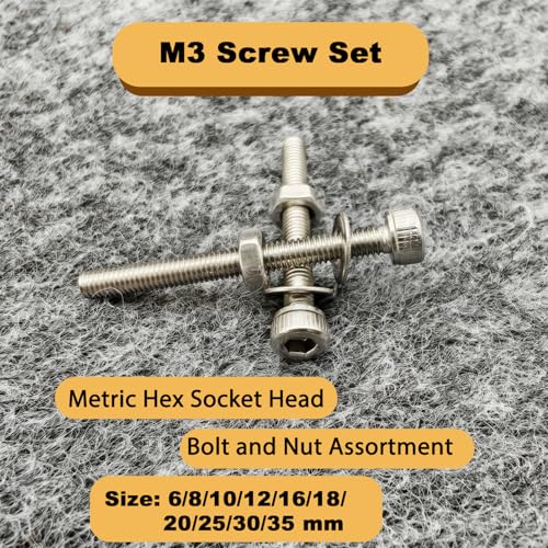 M3 Schraubensortiment Set mit Muttern und Unterlegscheiben -660 Stück 304 Edelstahl Innensechskantschrauben in M3*6/8/10/12/16/18/20/25/30/35 mm Metrisches Maschinenschrauben Set