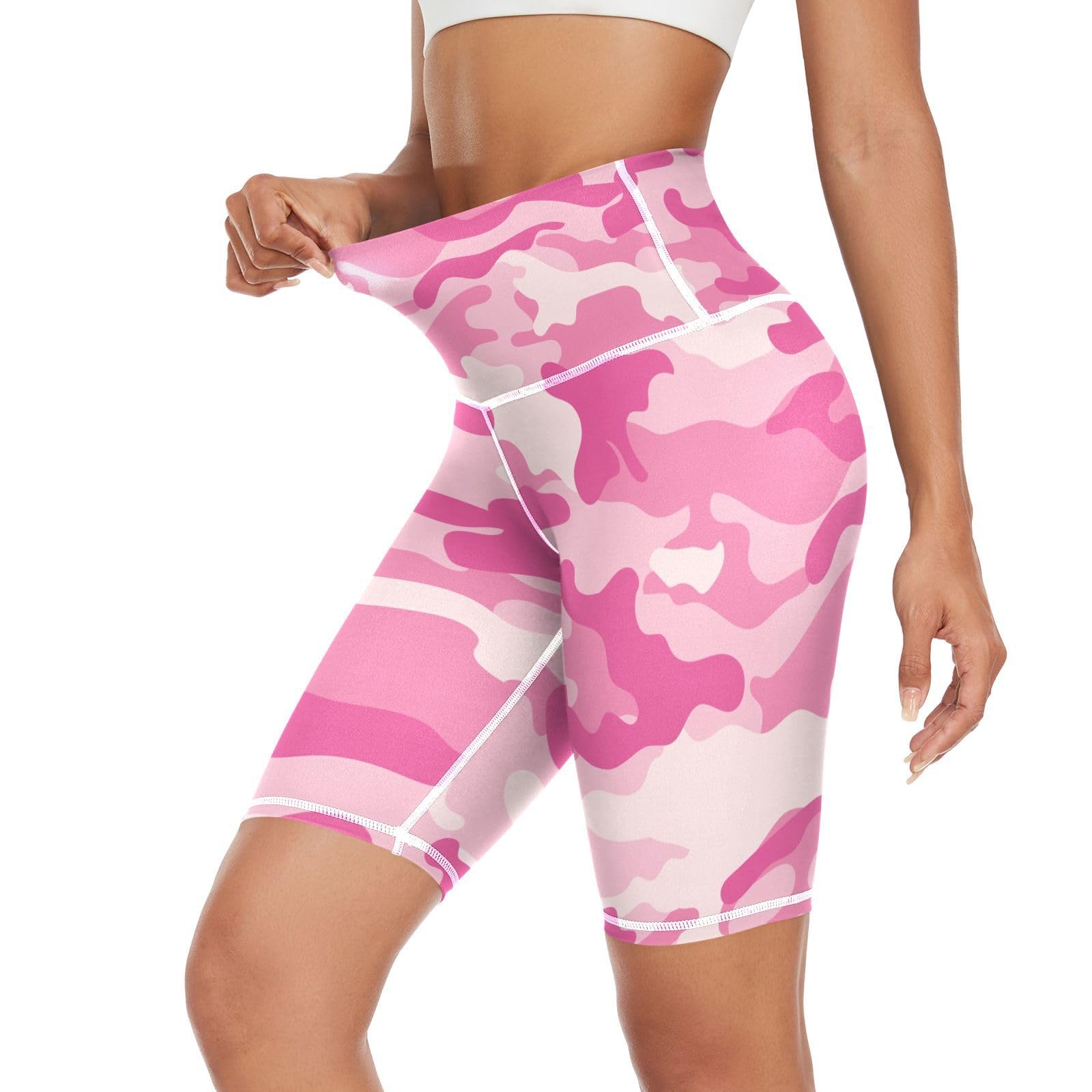 Aflyko Yoga Shorts Plus Size for Women Tummy Control Military Camo Sweet Pink Casual Vacation Trip Underwear Bottoms with Phone Pocket, XXL