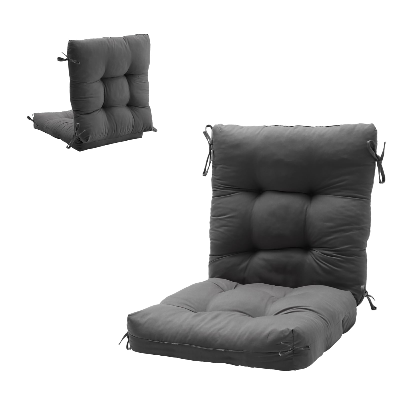 DKIEI Garden Chair Cushions with Back, 110x50cm Outdoor Seat Cushions with Back & Ties, 10cm Thickness Comfy Garden Seat Pads with Back for Indoor Outdoor Chair Rocking Chairs Loungers, Dark Grey