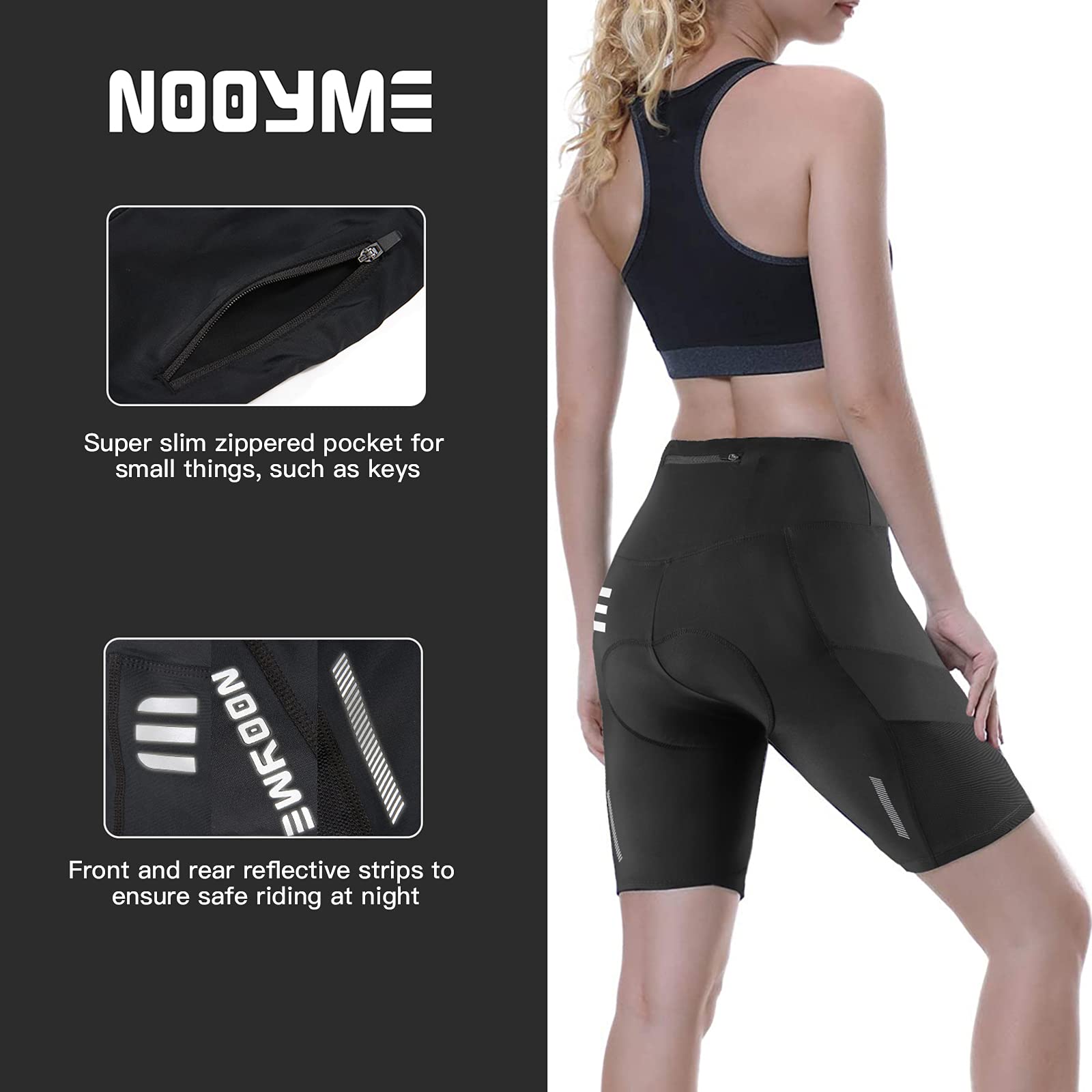 NOOYME Short de Cyclisme pour Femme - Rembourré 4D - avec Poche - Short de Cyclisme élastique et Respirant - avec Rembourrage Large et Dense - sans Douleur - Séchage Rapide - pour Femme