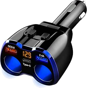 Car Charger, 150W 2-Socket Cigarette Lighter Splitter QC 3.0 Dual USB Ports 1 USB C Fast Car Adapter with Separate Switch LED Voltmeter Replaceable 15A Fuse for GPS/Dash Cam/Phone/iPad asin的图片