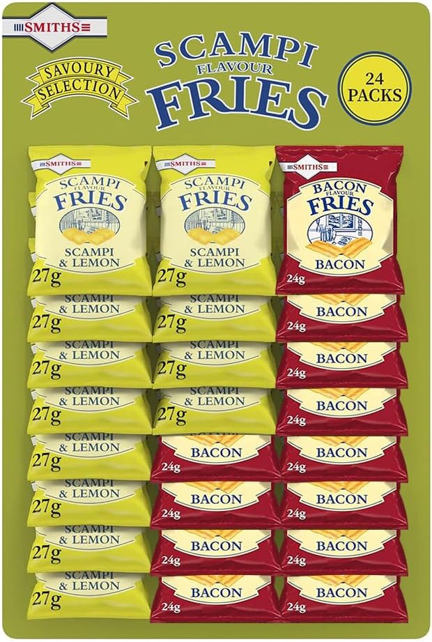 Smiths Scampi & Bacon Fries Pub Card Bundle Zesty Scampi & Lemon and Crunchy Bacon Flavoured Fries Light Snacks Ideal for All Types of Drinks (24, Scampi & Bacon)