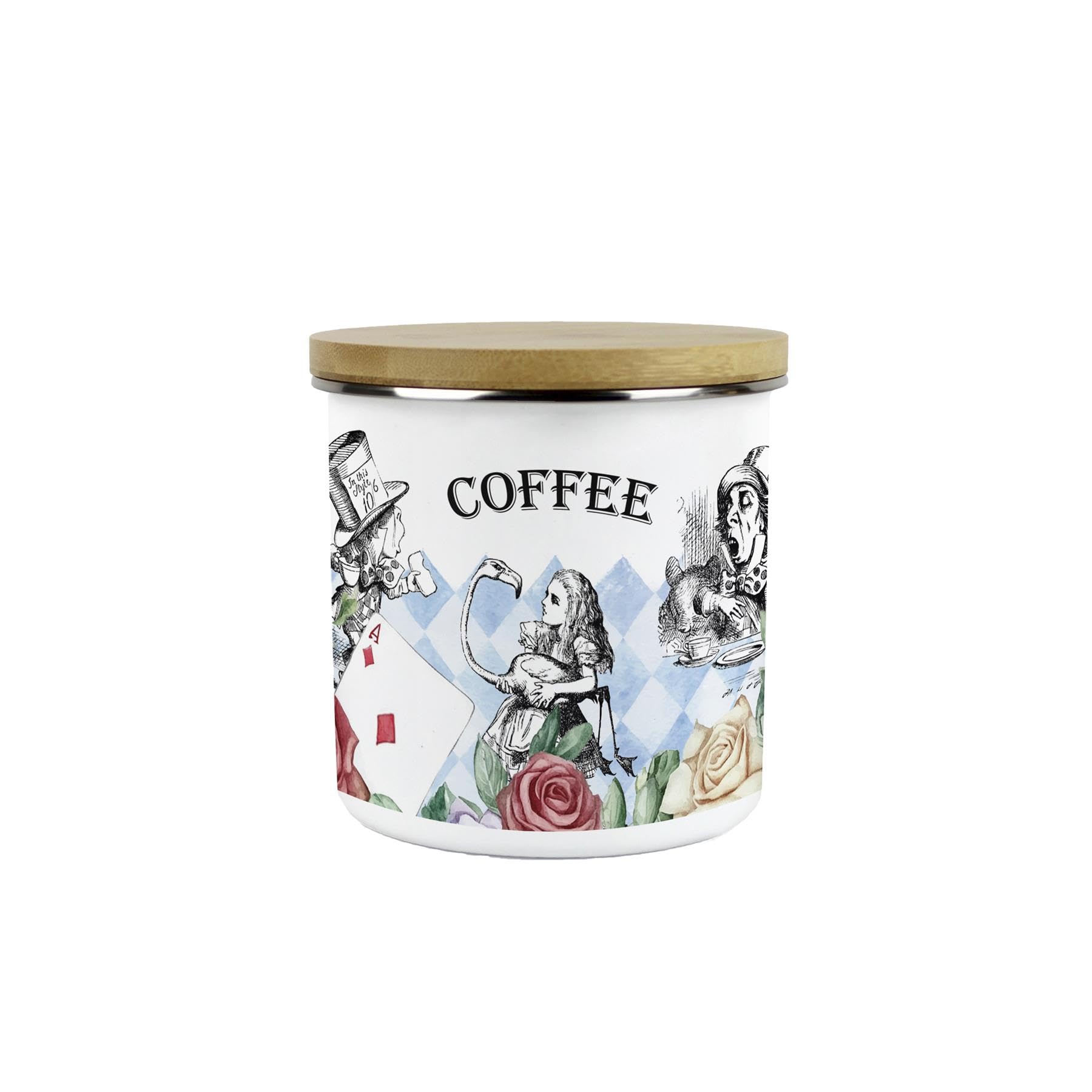 Purely Home Alice's Adventures in Wonderland Coffee Canister - Cartoon Characters White Rabbit & Mad Hatter Kitchen Gifts - Medium Metal Enamel Container 600ml