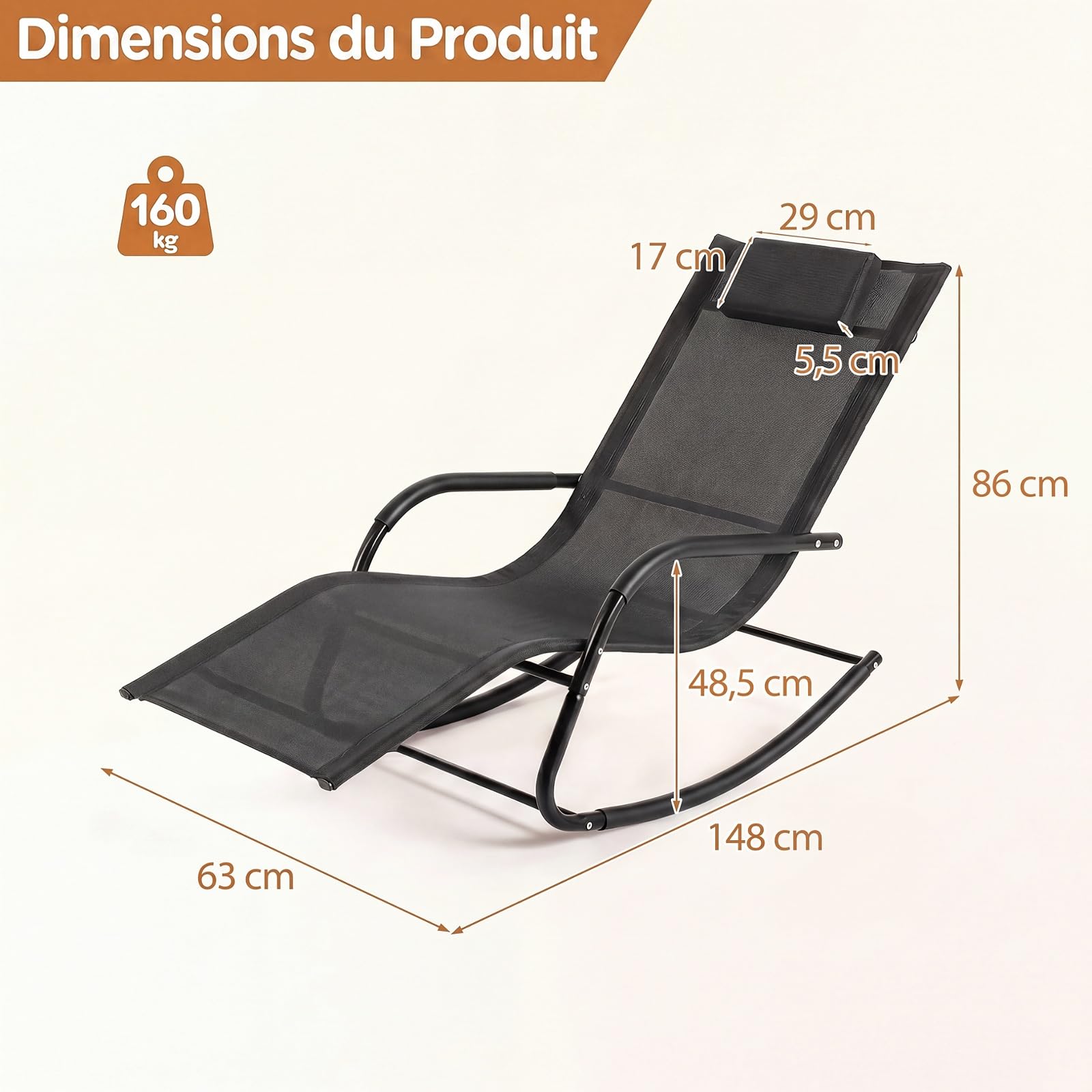 COSTWAY Fauteuil a Bascule Exterieur Interieur, Rocking Chair en Métal, Appui-Tête Amovible, Tissu Respirant, Chaise Longue à Bascule pour Jardin Balcon Salon, Charge 160KG, 148 x 63 x 86 cm (Noir)