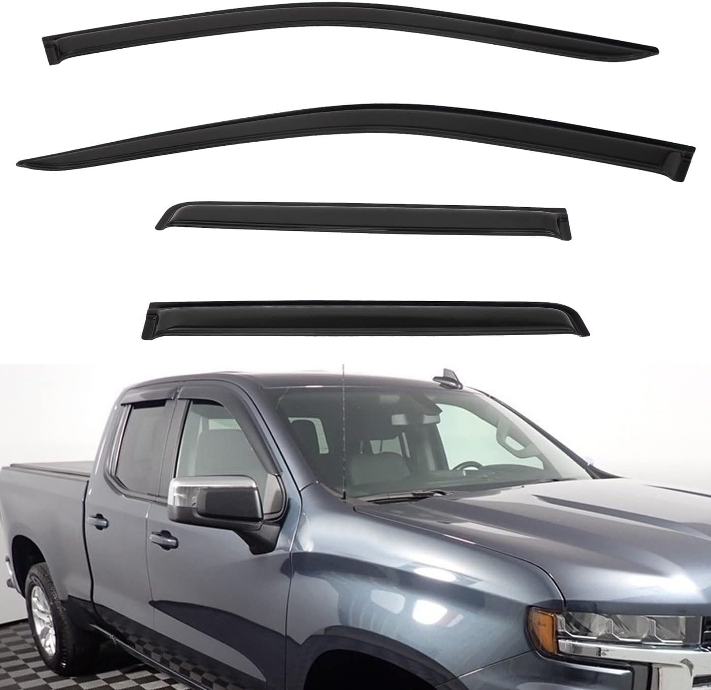 4pcs Front+Rear Smoke Tint Sun/Rain Guard Outside Mount Tape-On Vent Window Visors Compatible with 19-22 Silverado/Sierra 1500 Double/Extended Cab with Small Size Rear Doors 2019-2022 Silverado/Sierra 1500 Double Cab